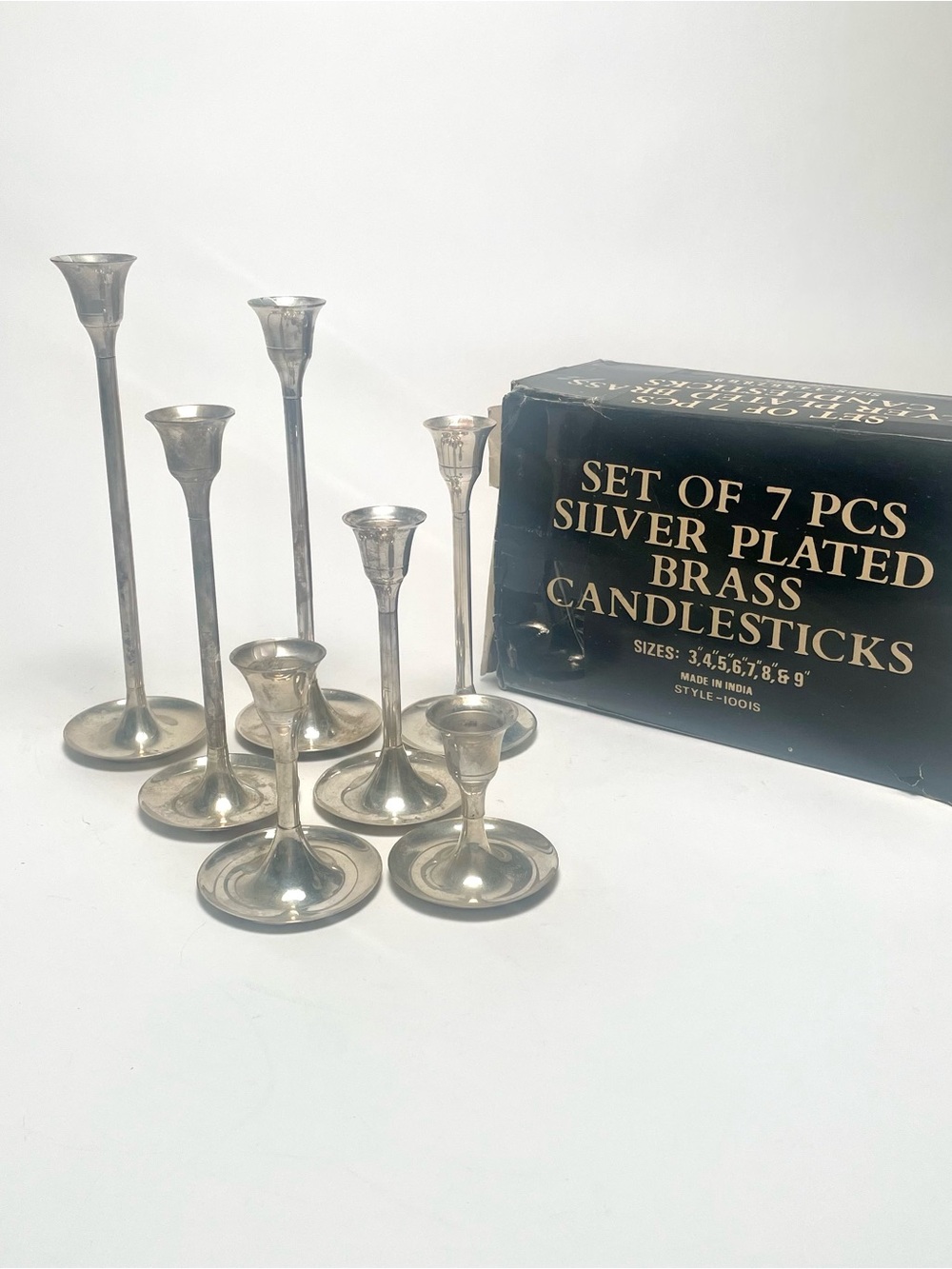 Vintage Set of 7 AMC Graduated Silver Plated Candlestick Holders – Made in India